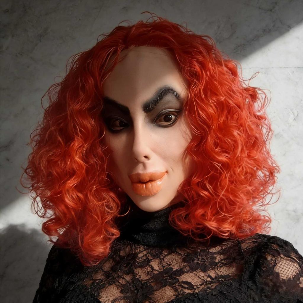 Red-haired, big-mouthed ugly woman mask, quirky party costume mask