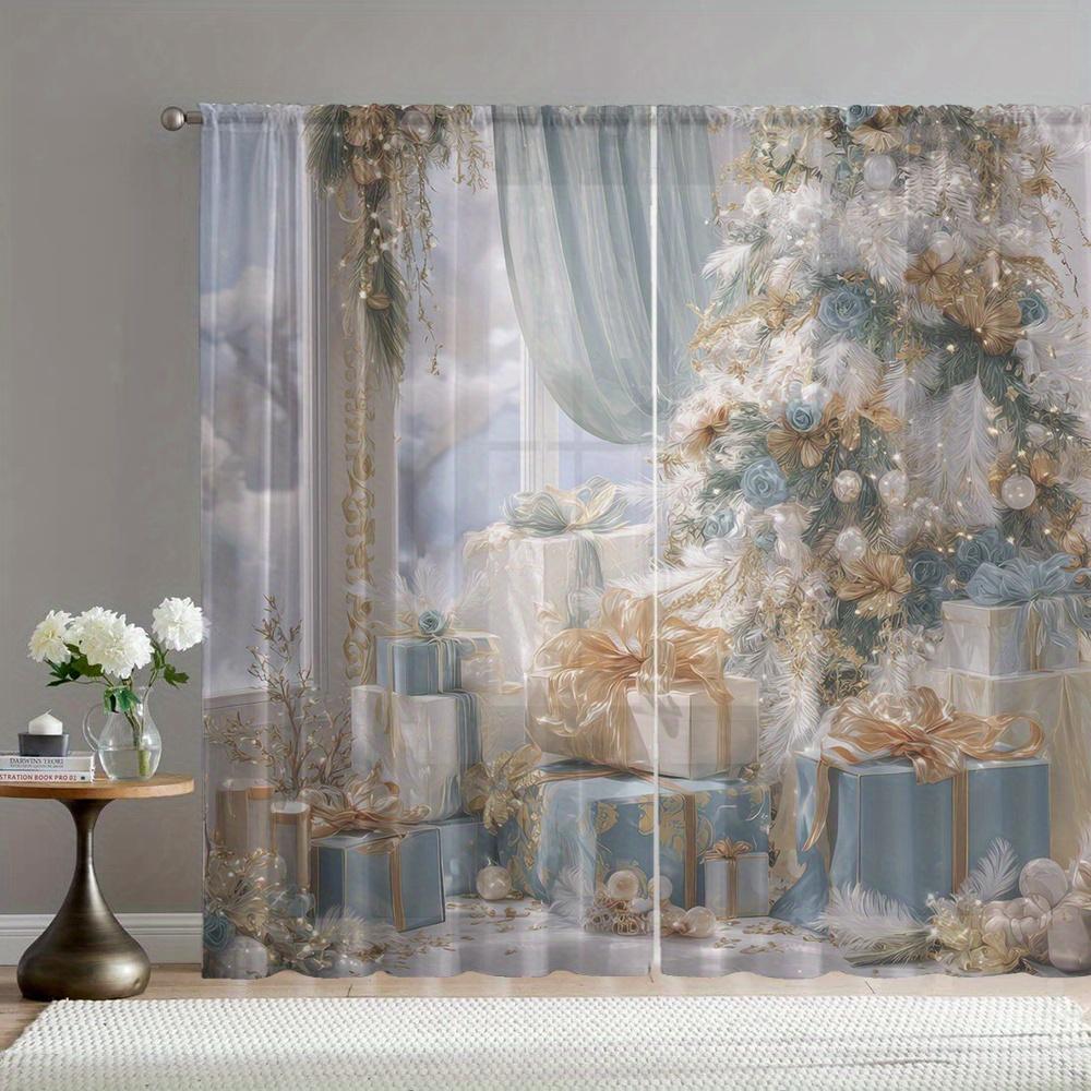 2 Pcs Christmas Blue & Gold Gift Tree Curtains – Festive Holiday Print for Kitchen Cafe Dining Room Balcony Garden Bedroom Decor