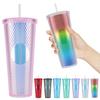 710ml Plastic Straw Cup Rhinestone Rivet Cup Double-Walled Travel Mug Large Capacity Bubble Tea Cup for Home & Outdoor