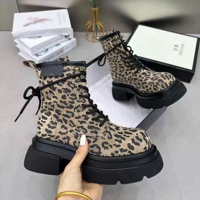 Fashion Vintage Leopard Print Women Boots Round Toe Women's Boots Casual Shoes 2025 Fashion Woman Boots Mid Heel Botas Femininas