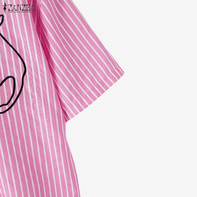 ZANZEA Women Turn Down Collar Loose Casual Short Sleeve Stripe Blouse