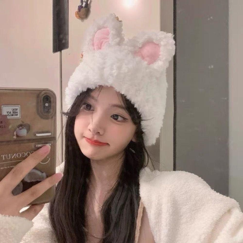 Fluffy Rabbit Ear Beanies Solid Color Winter Outdoor Warm Cap Knitted Plush Hat  Outdoor Activities