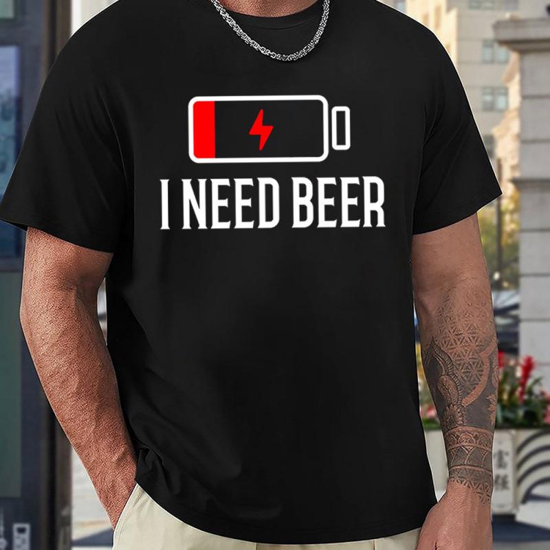 Men Fashion Crew Neck Short Sleeve I NEED BEER Letter Print Cotton T Shirt Top