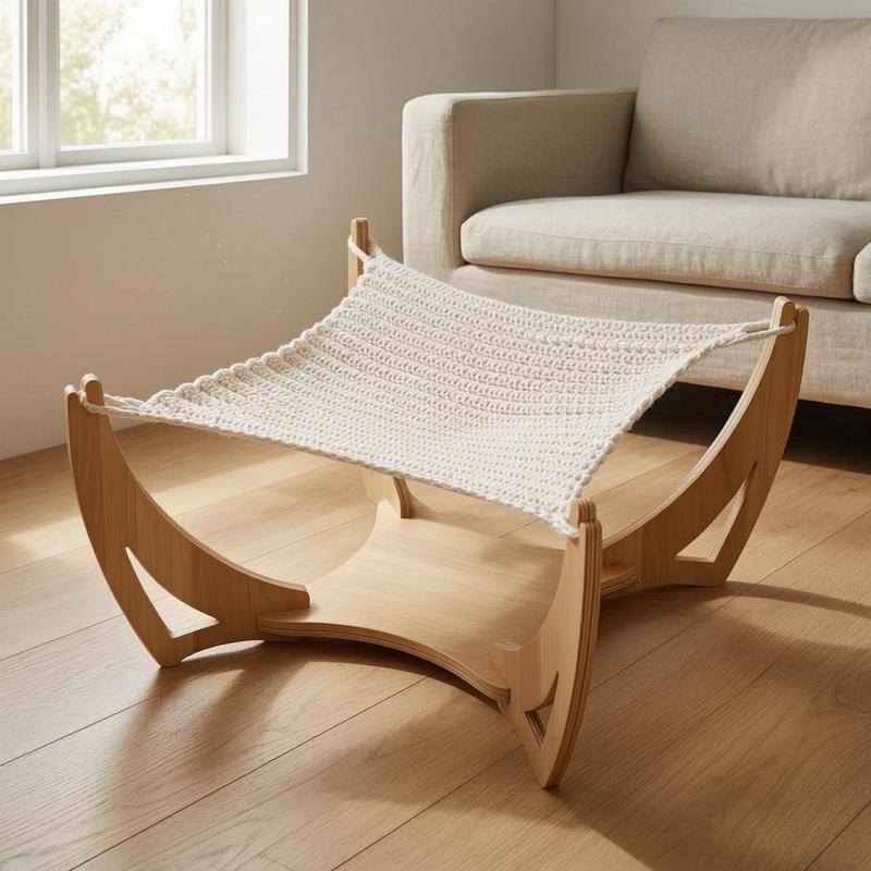 Woven Feline Sling Bed Handwoven Wooden Feline Sling Pet Furniture Freestanding Airy Design