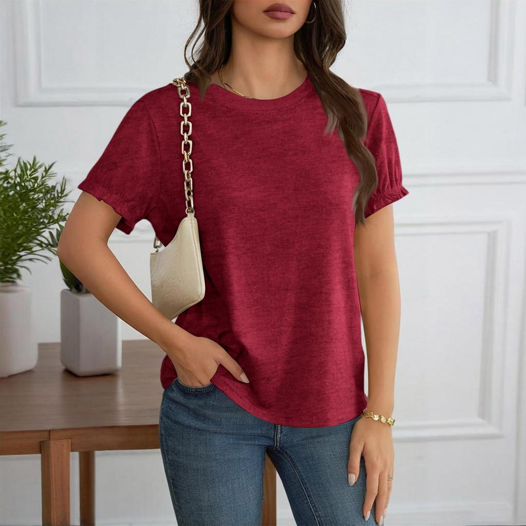 Women's Fashionable Casual Pleated Short-Sleeved T-Shirt, Summer Round Neck Loose -Shirt Top