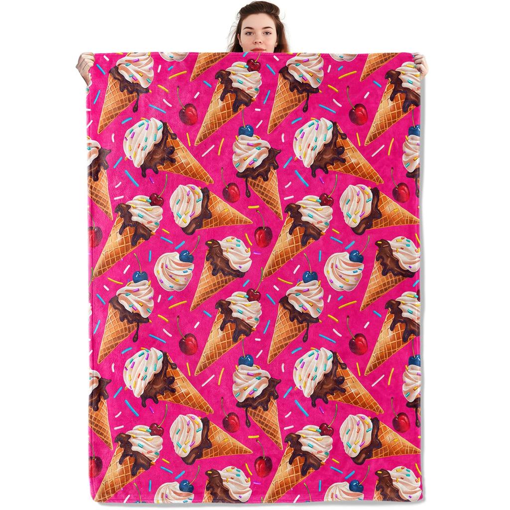 Sweet Ice Cream Throw Blanket Super Soft Warm Blanket For Couch Bed Sofa Office Car,Cozy Flannel Plush Blanket Gift For Girl Boy