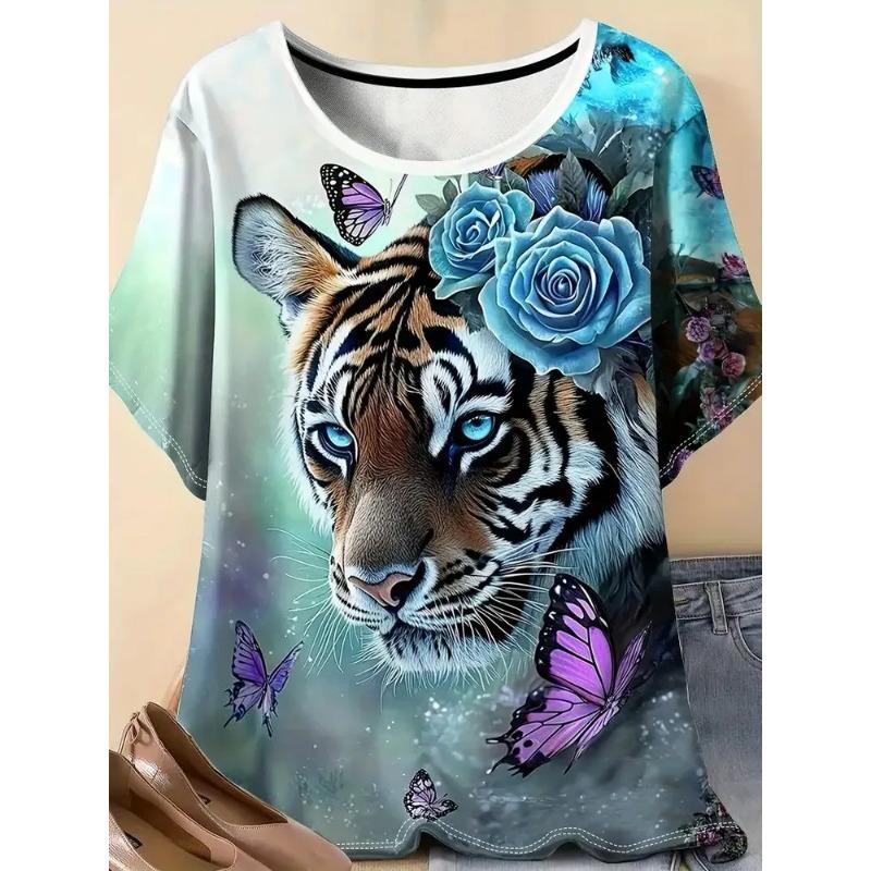 3D Printed Women's Round Neck Tiger Pattern T-shirt Multifunctional Summer Fresh Women's Version T-shirt Breathable Machine Wash Outdoor Top
