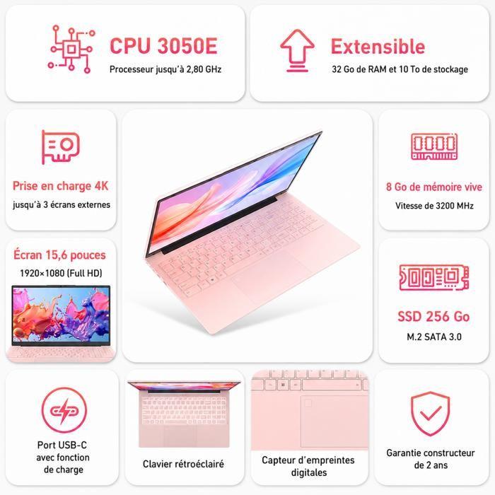 Ordinateur Portable - Win11 Pro - PC Portable -15.6 Pouces -AMD 3050E RAM 8Go+Stockage 256Go SSD - Expansible 6TB-2.4G+5G WiFi-Rose