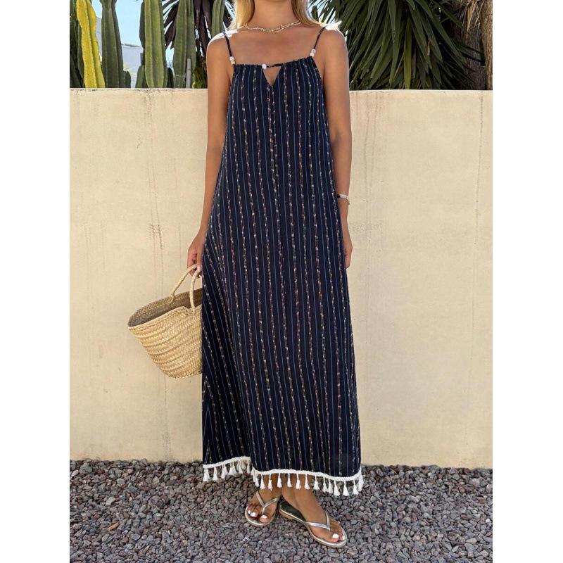 European summer new holiday style striped fringed decorative long V-neck suspender dress women S темно-синий