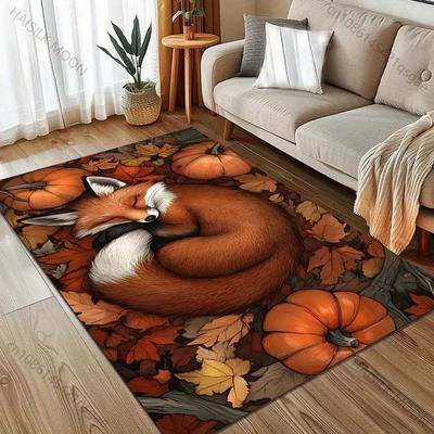 Alfombra con Estampado de Zorro y Calabaza de Otoño para Dormitorio Sala de Estar Mesita de Noche Sofá Felpudo Decoración Moderna para el Hogar Alfombra de Área Tamaño Grande