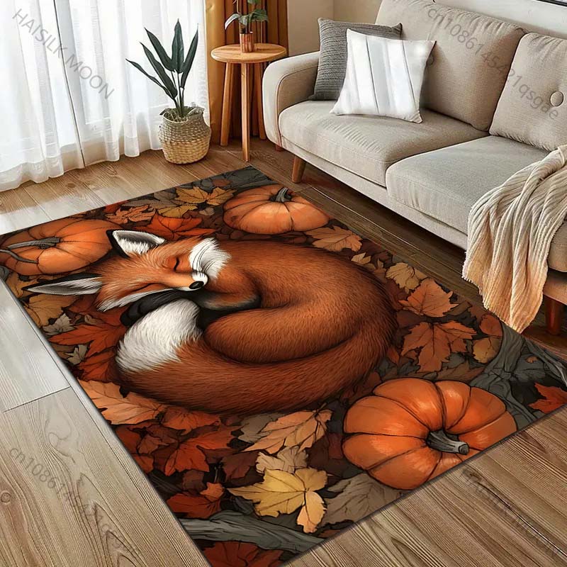 Fall Pumpkin Fox Printed Carpet for Bedroom Living Room Bedside Sofa Floor Mat Modern Home Decor Area Rug Large Size