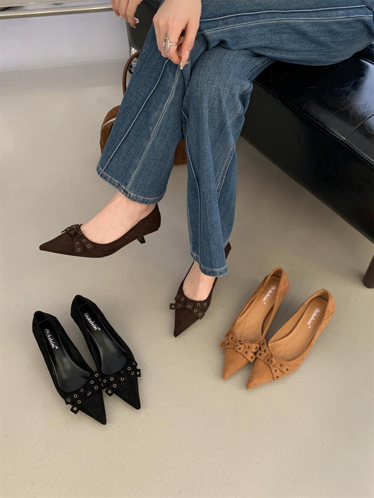 French bow temperament lady single shoes 2025 spring new versatile stiletto pointed high heels