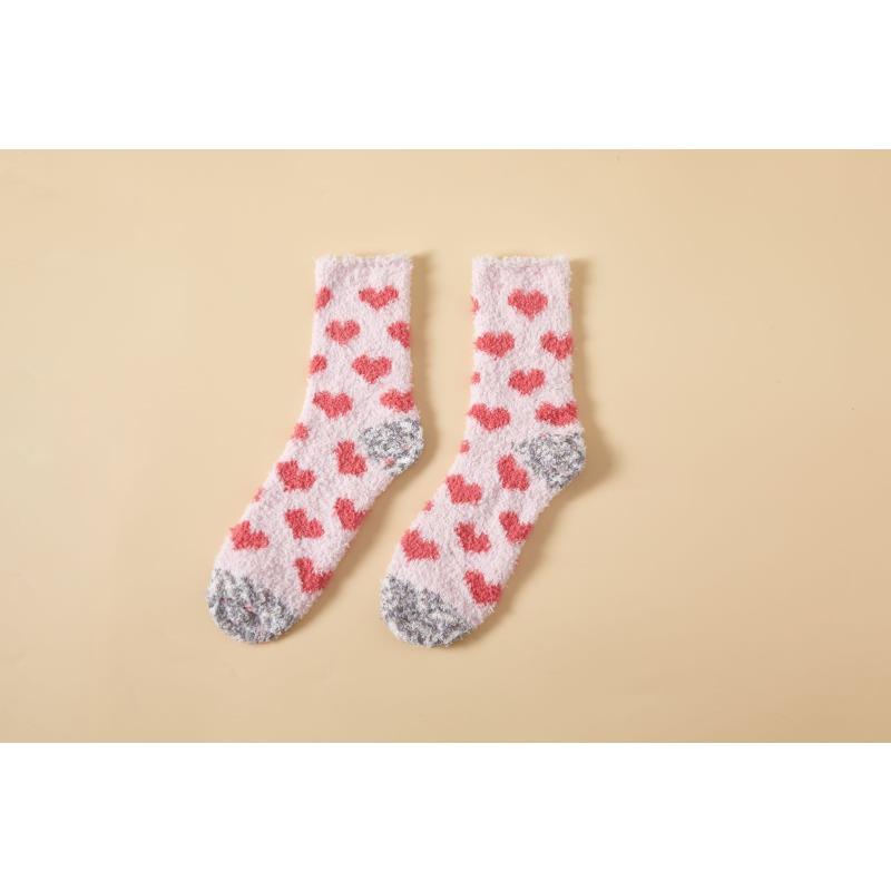 Women's Medium Tube Coral Fleece Socks with Stripes, No Hair Loss, Warm Confinement Floor Socks, Fixed Color Matching Grid
