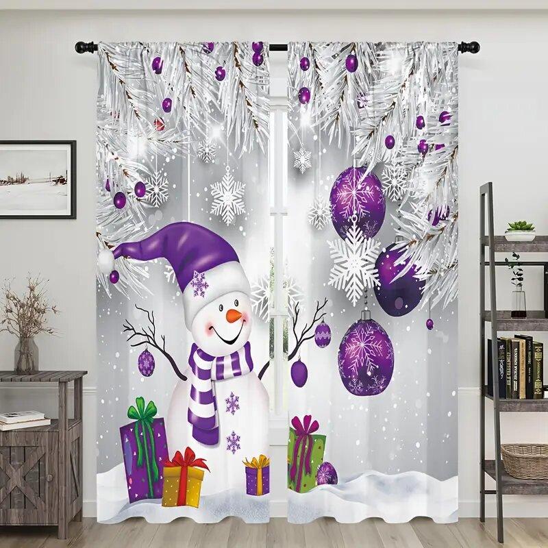 

2 Pieces - Christmas Curtains: Christmas snowman with purple decorative printed curtains, home decoration, room decoration 29Wx64L(75x166CM)x2