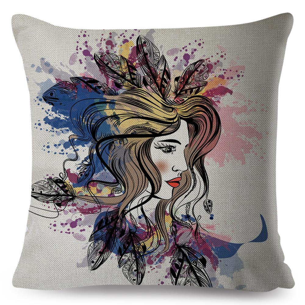 Fashion Woman Art Pillowcase Double Print Boho Lady Cushion Cover Soft Plush Portrait Pillowcase Home Decor