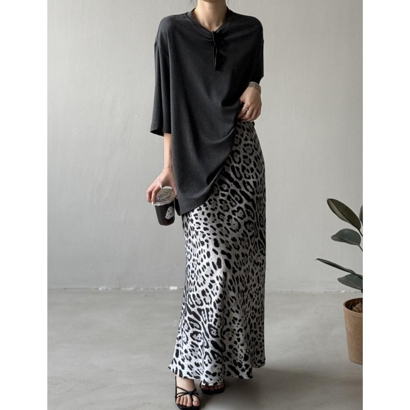 Johnature Summer Light Leopard Print Slit Skirts Women Summer Casual Loose Skirts