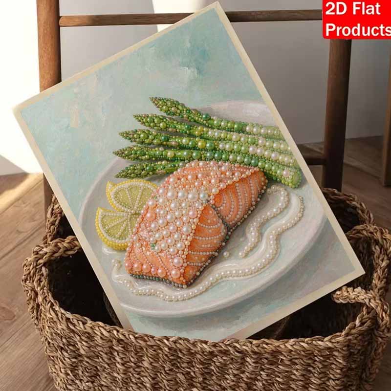 Salmon and Asparagus Food Still Life Pearl and Diamond Painting Art Kit DIY Gemstone Beading Craft Kit Home Wall Decoration