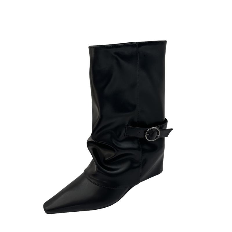 White Temperament Wedge Heel Short Boots Women's 2025 Autumn and Winter New Inner Height Increase Medium Boots Small Retro Trouser Boots