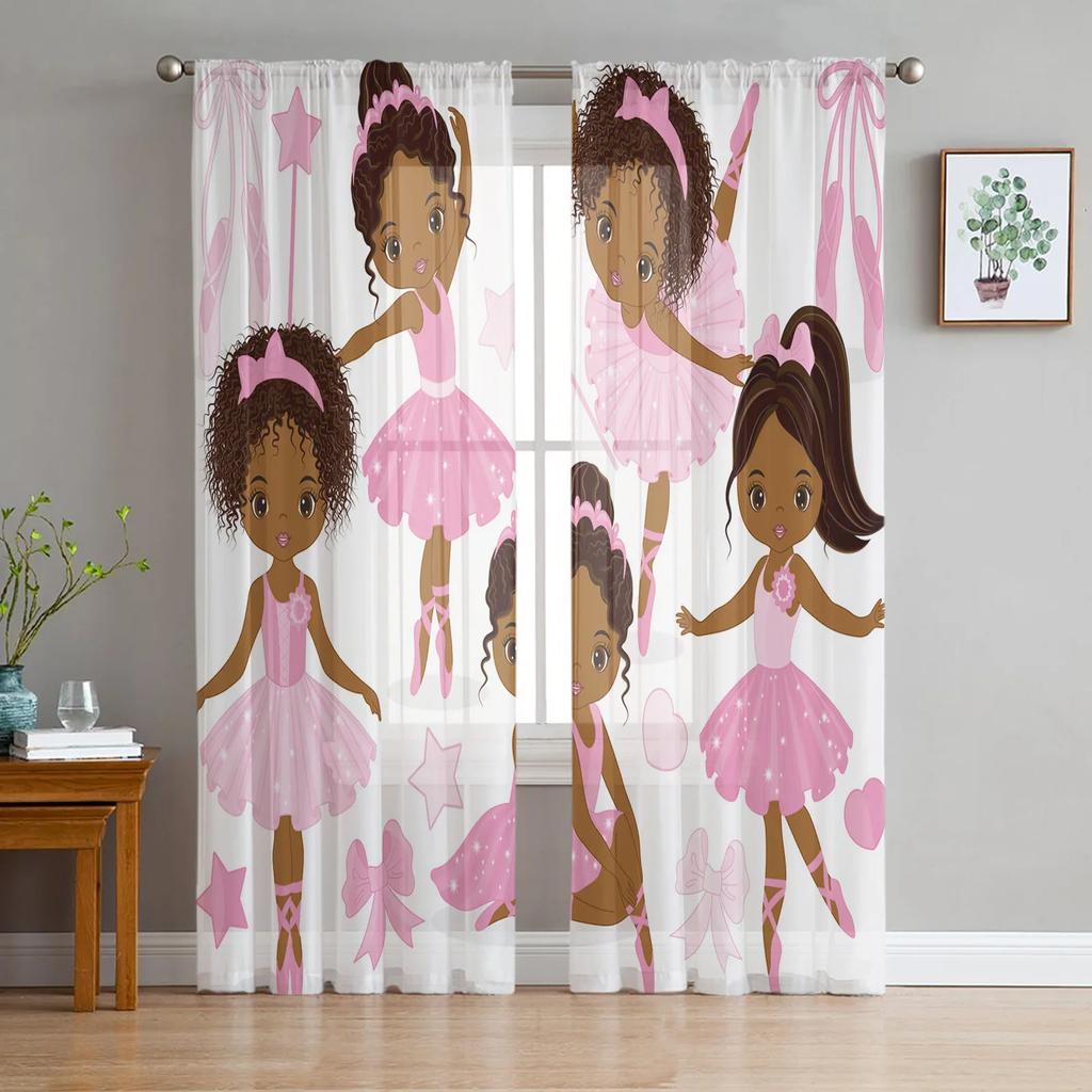 Pink Girl Flower Butterfly Tulle Window Curtains Living Room Organza Yarn Sheer Voile Curtain Bedroom Kitchen Home Decor Drape