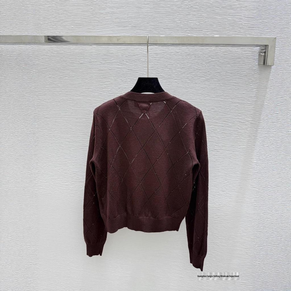 Early Autumn Hollow Grid Round Neck Long Sleeve Knitted Cardigan
