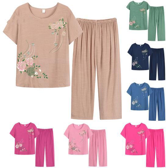 Dámské oblečení Květinový potisk Tričko Kalhoty Volný Dvoudílný Set Letní Domácí Set Outfit s krátkým rukávem pro střední věk