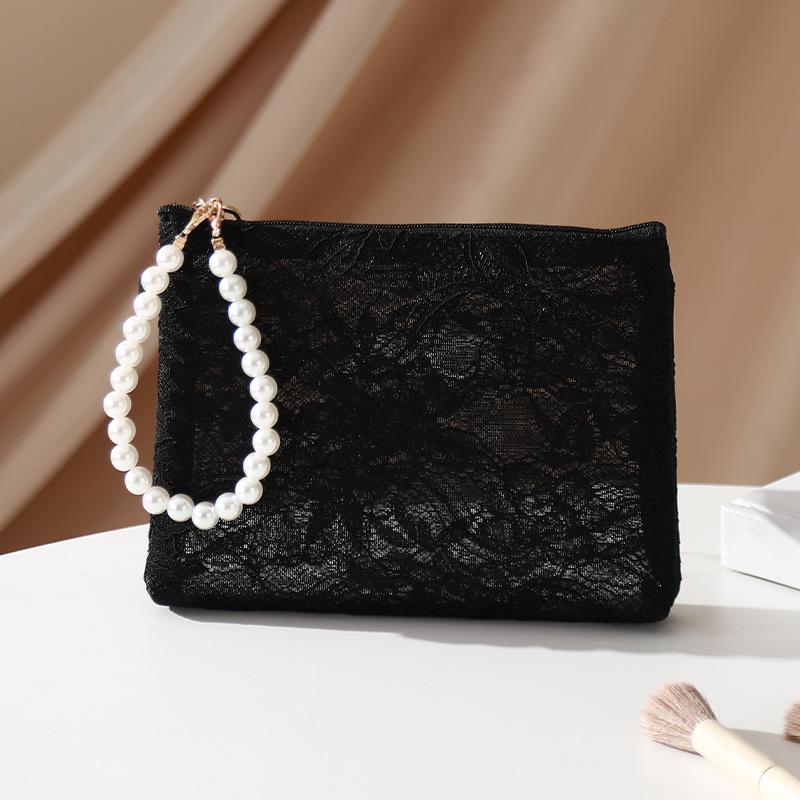 Lace Cosmetic Bag With Pearl Wrist Strap And Semi Transparent Design Perfect For Daily Makeup Storage Travel Use