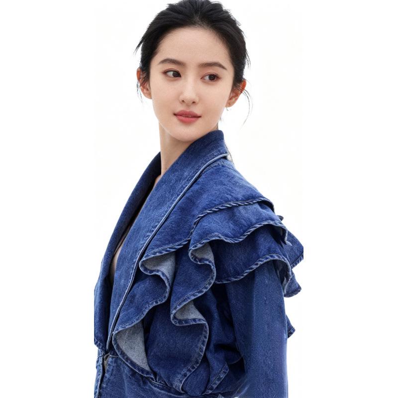 Korean-Style Ruffle Slim-Fit V-Neck Denim Jacket