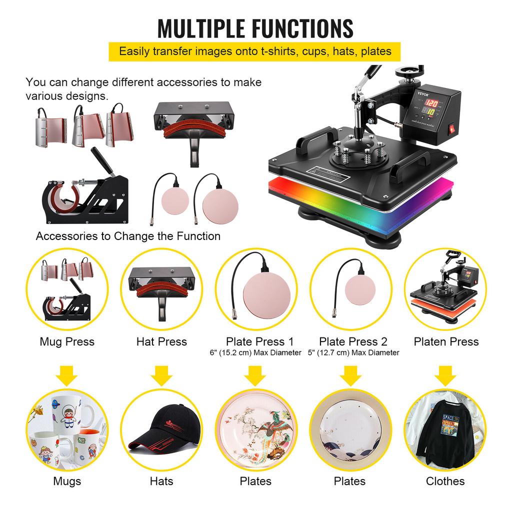 SucceBuy Heat Press 15x12 Inch 5/6/8 In 1 Digital Multifunctional Sublimation 360 Degree Rotation for T Shirts Hat Mug Cap Plate