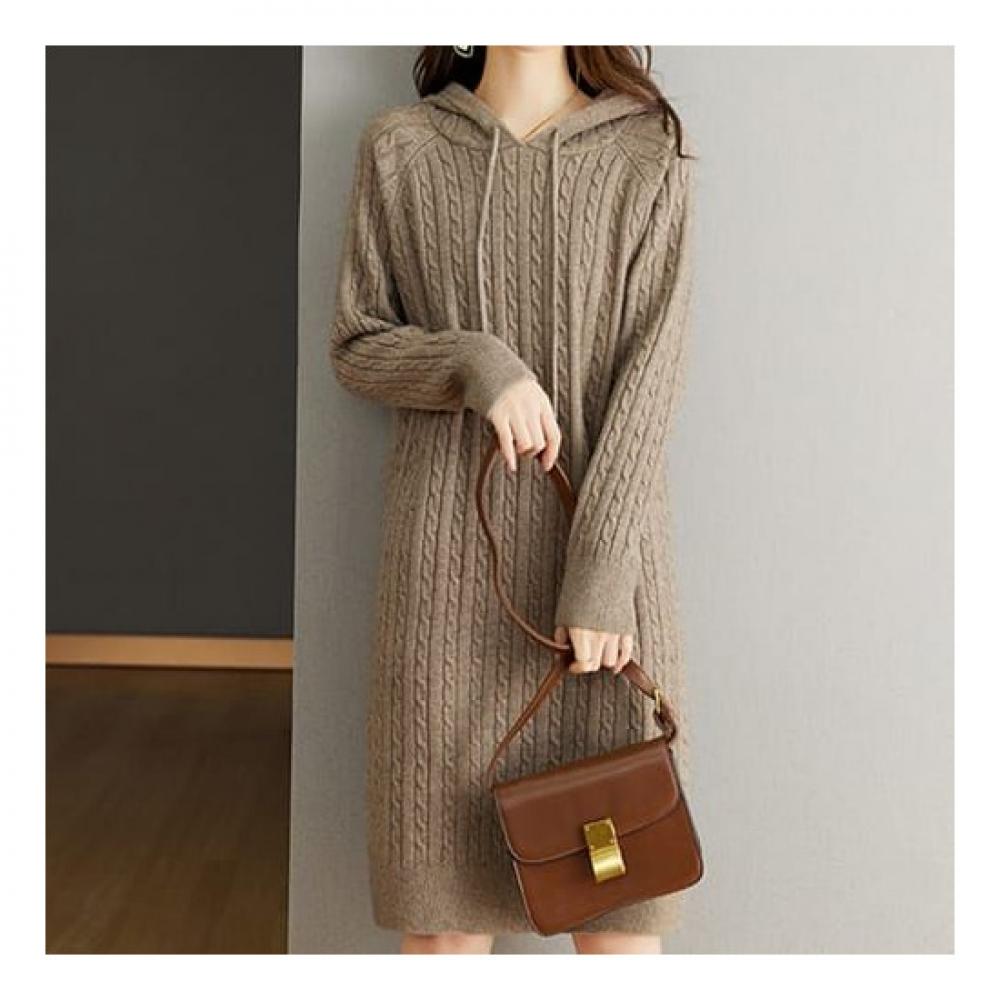 Navava Women Simple Daily Cable Hood Long Sleeve Knit Dress No630