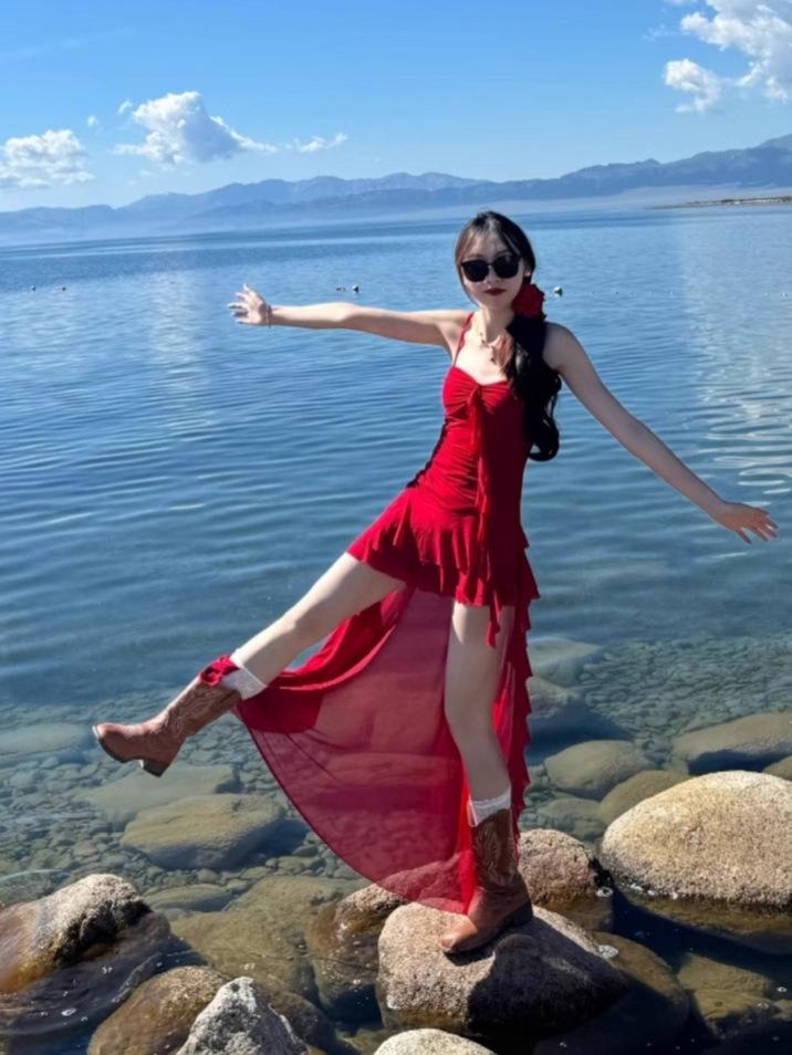 Women's Red Ruffle Waist-Hugging Spaghetti Strap Midi Dress