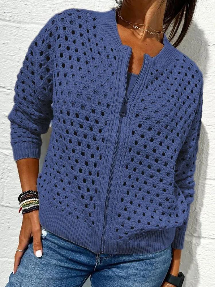 Women's Black Mesh Knit Cardigan with Zipper and Lace-Up Sleeve Detailing