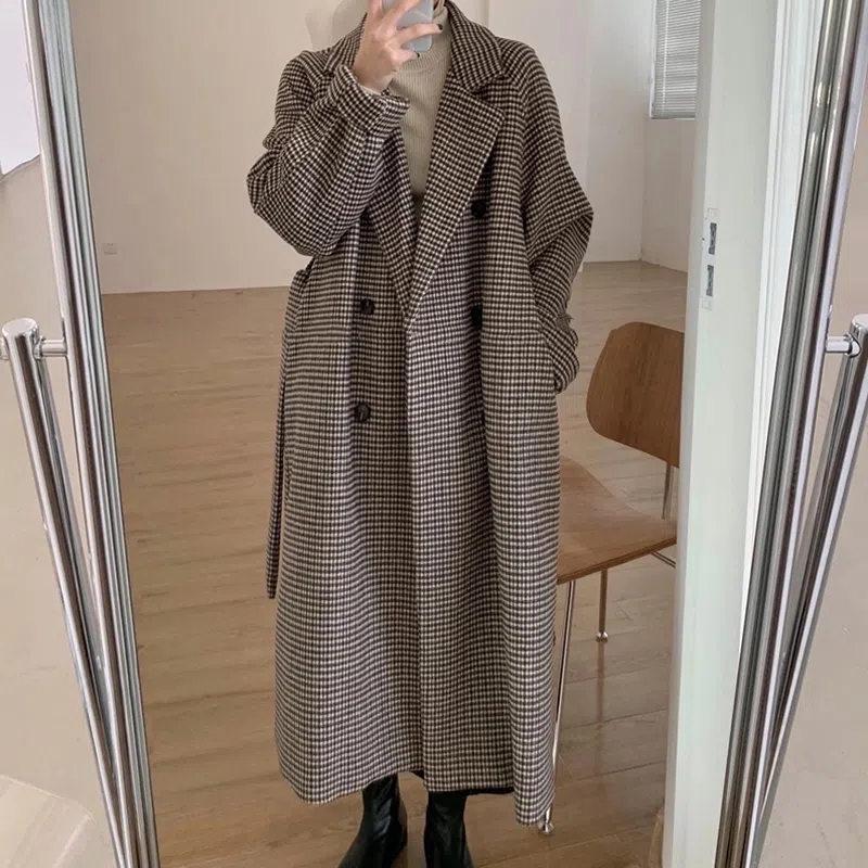 Loose Plaid Woolen Coat for Women Fashion Lapel Slim Women's Jackets Korean Women's Autumn Coat