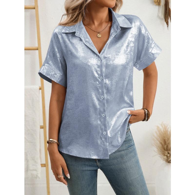Women Lapel Short Sleeve Shirt Metallic Shiny Fabric Single Breasted Loose Vacation Casual Blouse