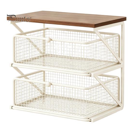 Coffee Pods Holder Station Organizer with Drawer, Tiered Bar Organizer, Wooden Top Shelf, Countertop Storage Rack Wire Mesh Drawers for Tea