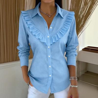 Camisa de Color para Mujer con Cuello, Manga Larga, Casual, Holgada, Acampanada, Top de Algodón y Lino