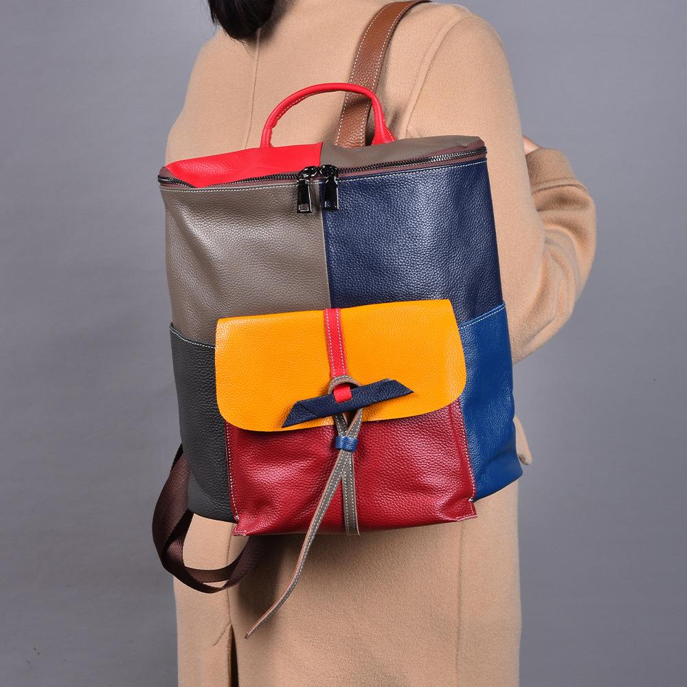 Retro Leather Women'S Bag Color Contrasting Color First Layer Cowhide Backpack Bucket Bag Women'S Casual Backpack