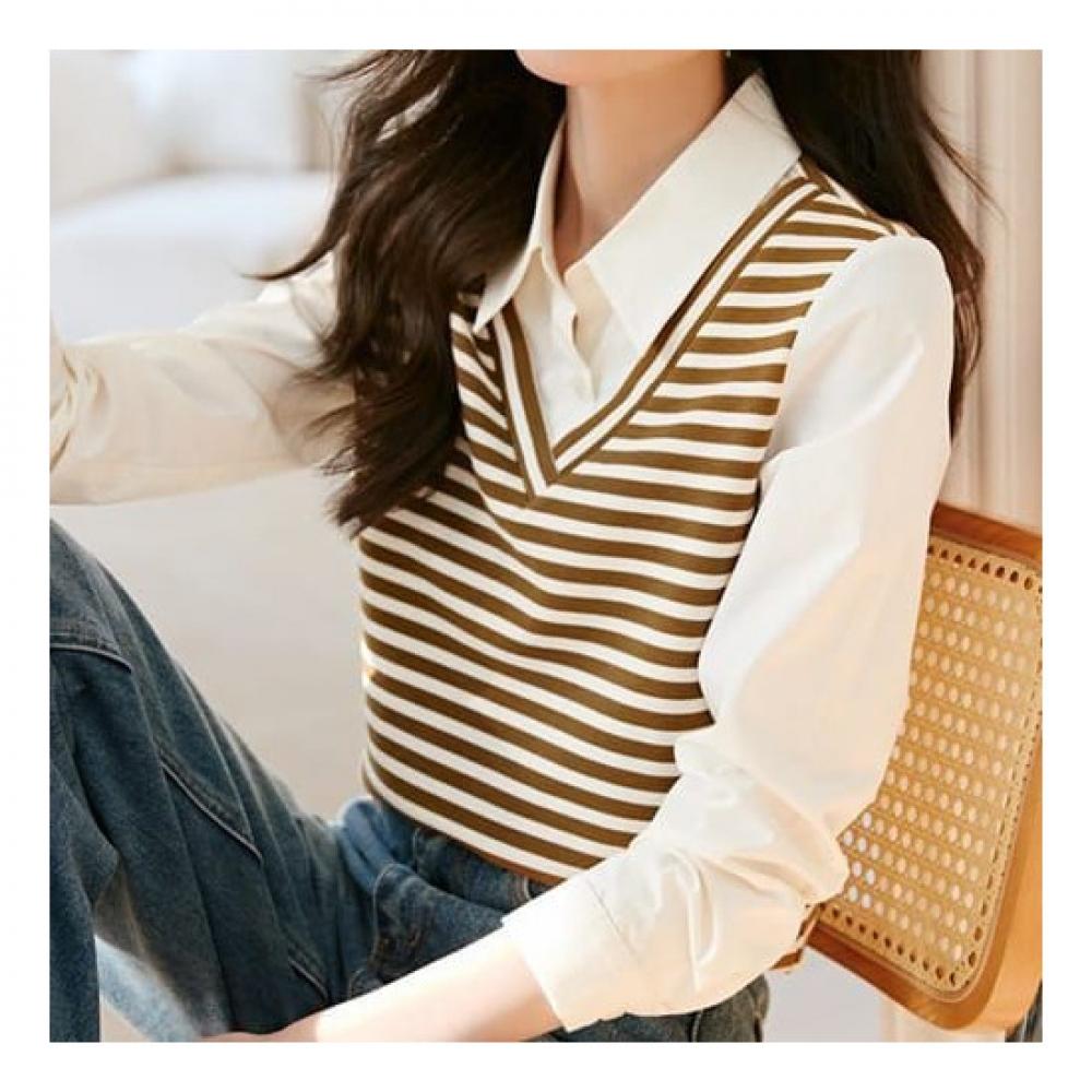 Navava Casual Two In One Stripe Long Sleeve Collar Shirt Nb1940