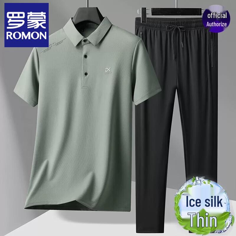 Luomeng Men s Ice Silk Polo Shirt Pants Set XXXXL