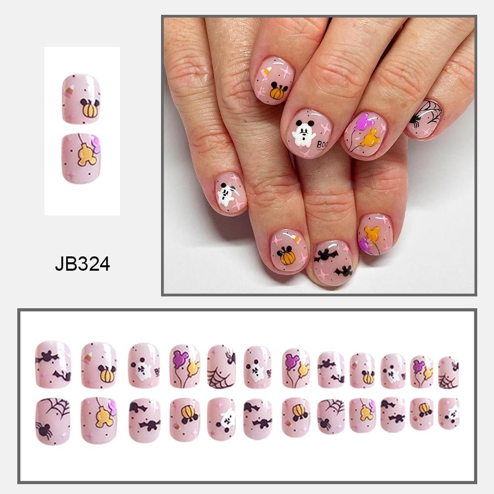 

24 шт. накладные ногти на Хэллоуин короткие квадратные ногти уши привидение тыква воздушные шары элементы Хэллоуина накладные ногти готовые носимые ногти праздничный маникюр