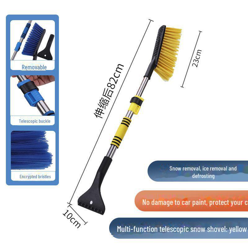 Multi-functional snow removal tool: long-handle snow shovel, scraper, and brush for winter. Efficiently defrosts without damaging car.