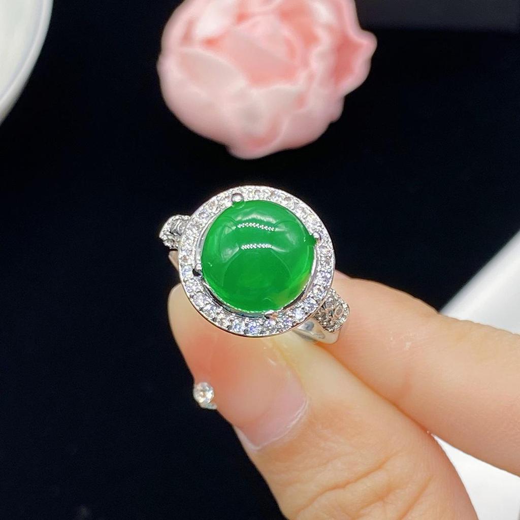 Popular Simulated Natural Ice Chalcedony Jasper & Diamond Open Ring for Women