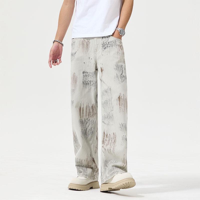 

Старая краска грязные джинсы мужские стиль пустоши личность широкие брюки 4XL