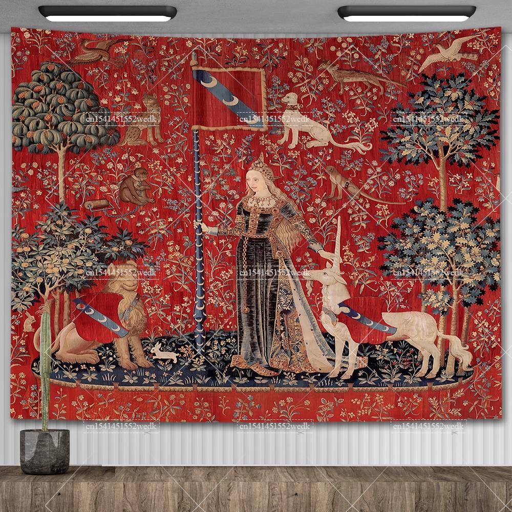 

Гобелен «Леди и единорог» Средневековый гобелен Настенный гобелен Печатный домашний декор Гобелены Фоновое покрытие для комнаты Для кровати 29x37in 74x94cm