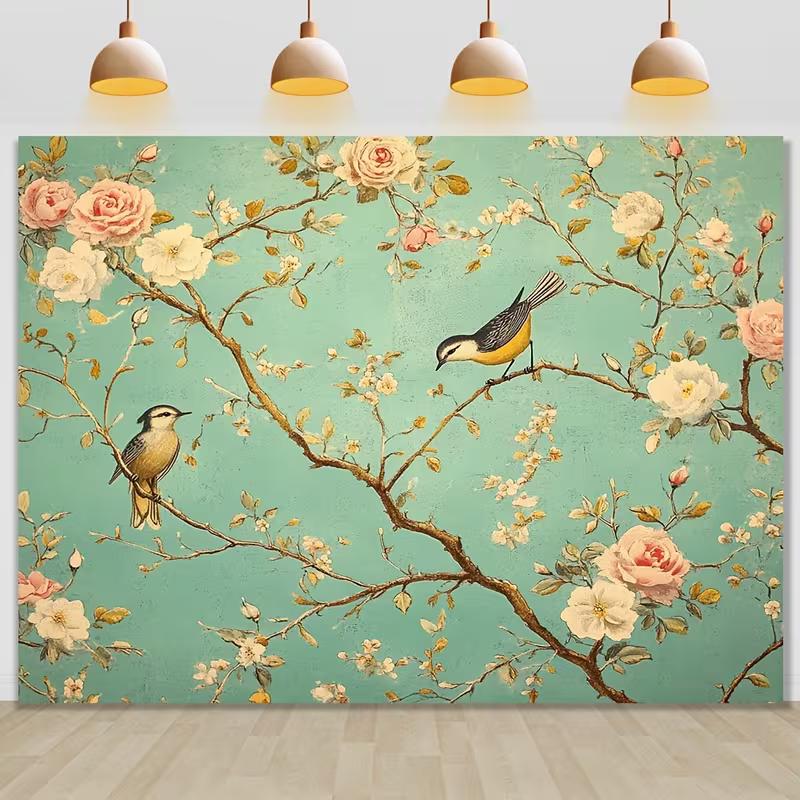 2D Teal Floral Bird Backdrop for Chinoiserie Themed Photoshoot