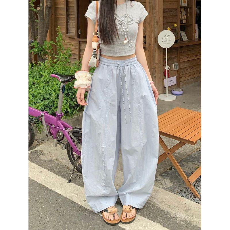 Idle Style Drawstring Matchet Pants Light Blue Casual Pants Women's Autumn Loose Loose Pants Easiest for Match Mop Pants Pants
