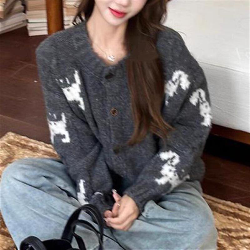 

Осінньо-зимовий кардиган у корейському стилі з мультяшним в язаним малюнком - Жіночий модний светр-пальто з круглим вирізом сірий колір