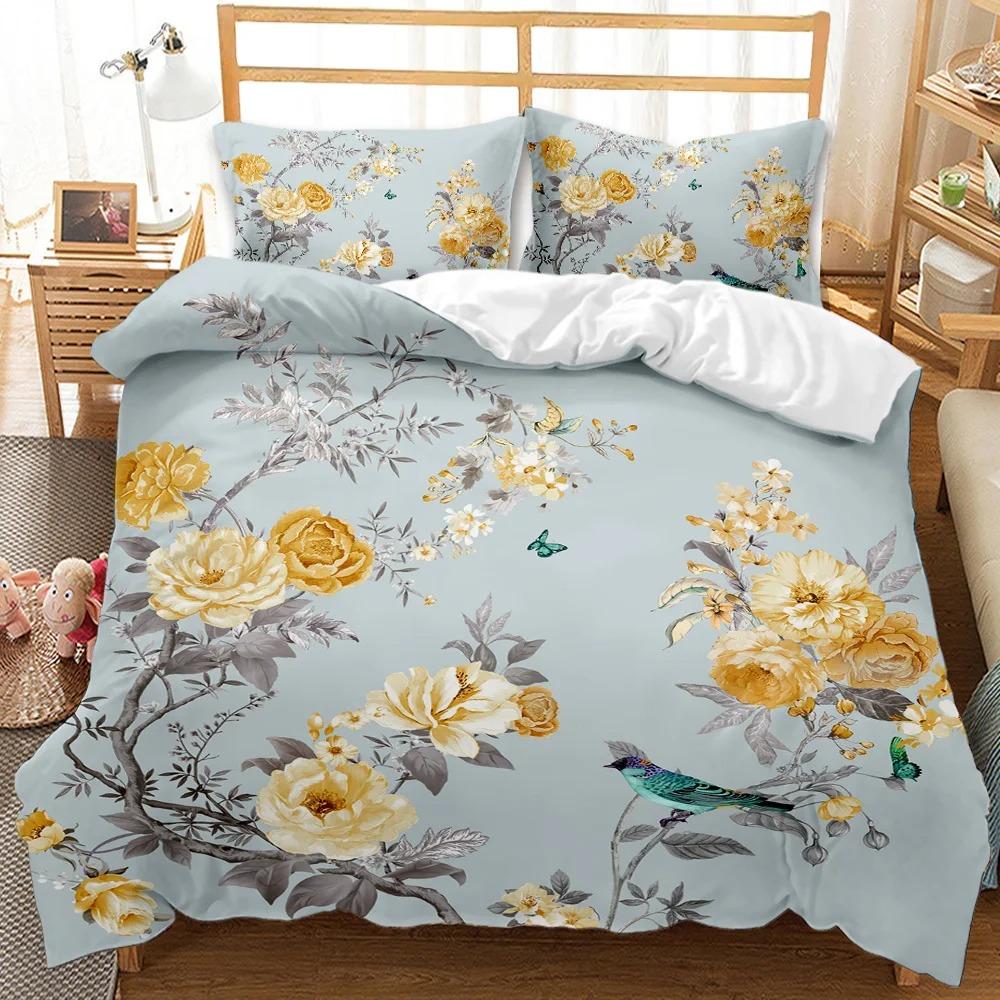 Vintage Botanical Flower Bedding Set Romantic Floral Duvet Cover Antique Drawing of Lilies Daisy Blossoms Polyester Quilt Cover