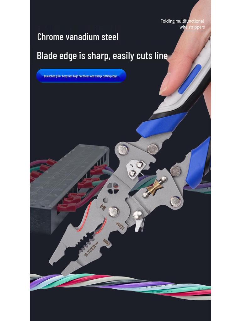Foldable Multi-Function Electrician Wire Strippers: Stripping, Splitting, Cutting, Looping, Skinning, Crimping.