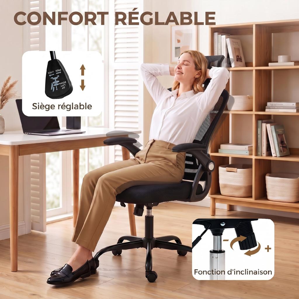 Ergonomic Office Chair, Flip-Up Armrests, Headrest, Tilt, Adjustable Height, 59 X 62 X 125 Cm, Black
