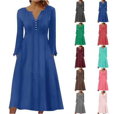 Fashion Women's Casual Fashion Solid Color Pocket V-neck Pullover Long Sleeve Dress